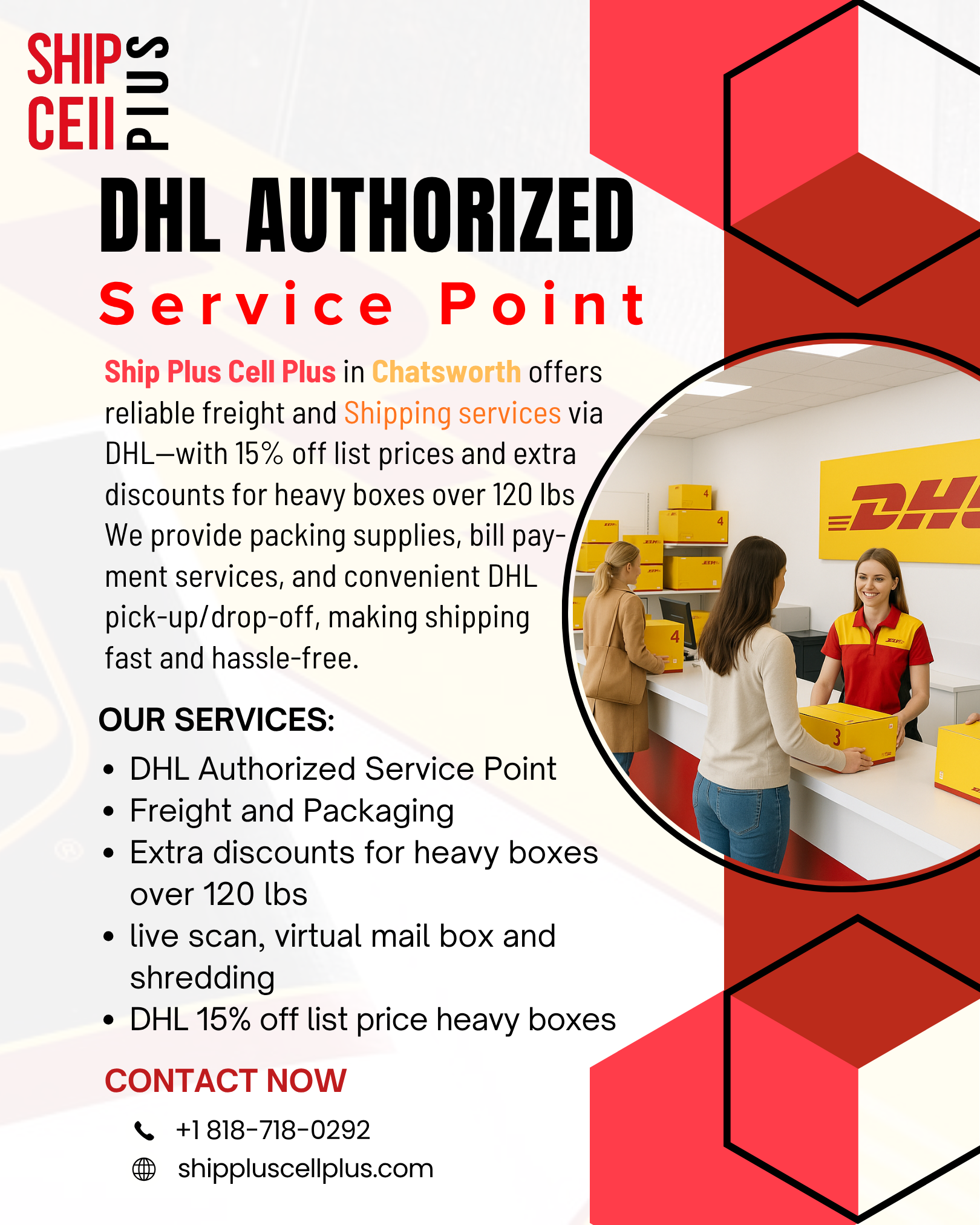 Ship Plus Cell Plus storefront providing DHL shipping and packaging services in Chatsworth, CA