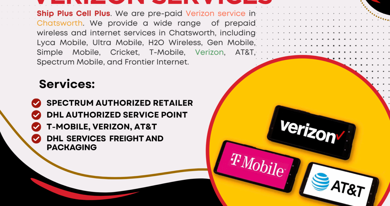 Ship Plus Cell Plus store in Chatsworth offering prepaid Verizon, Spectrum Internet, and bill payment services.