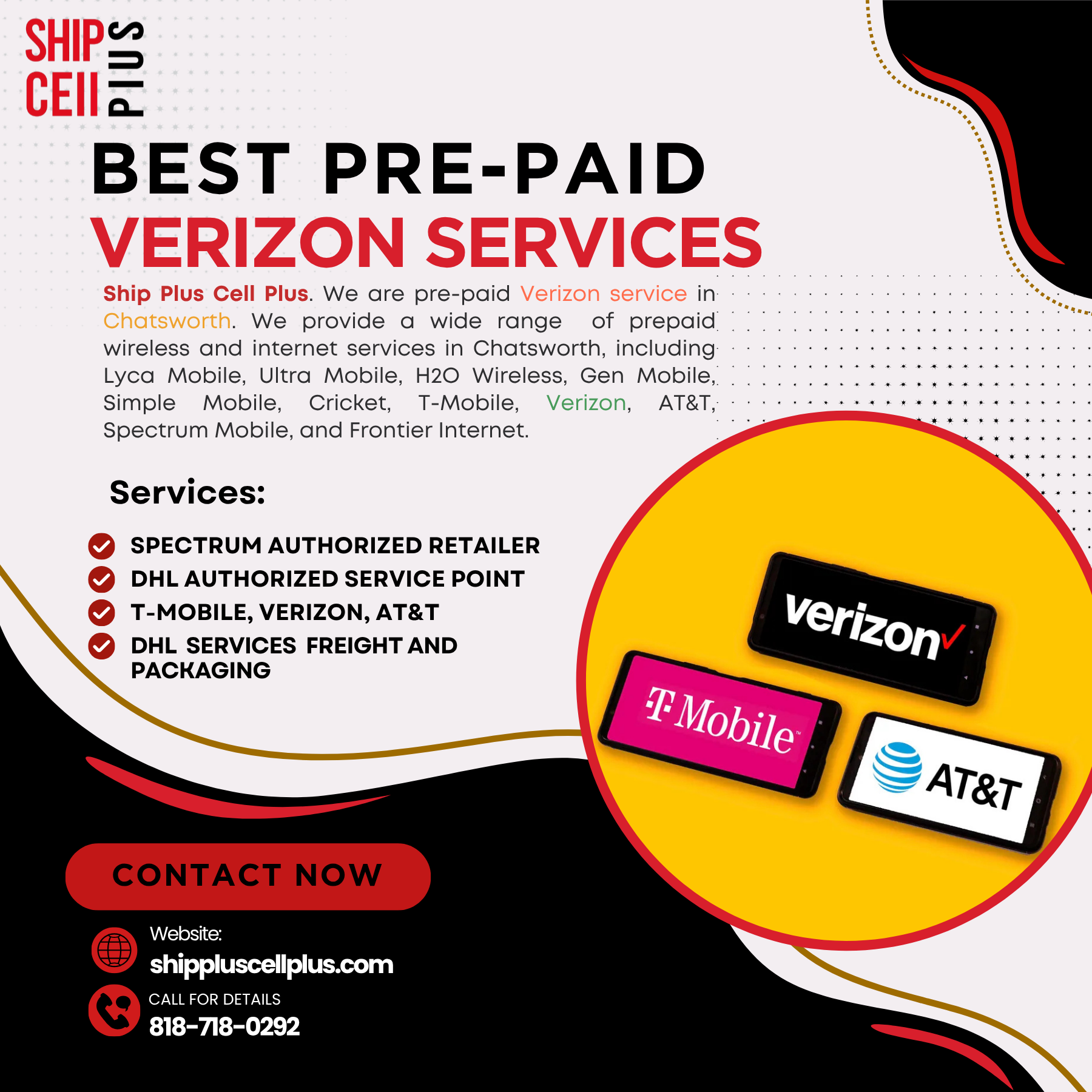 Ship Plus Cell Plus store in Chatsworth offering prepaid Verizon, Spectrum Internet, and bill payment services.