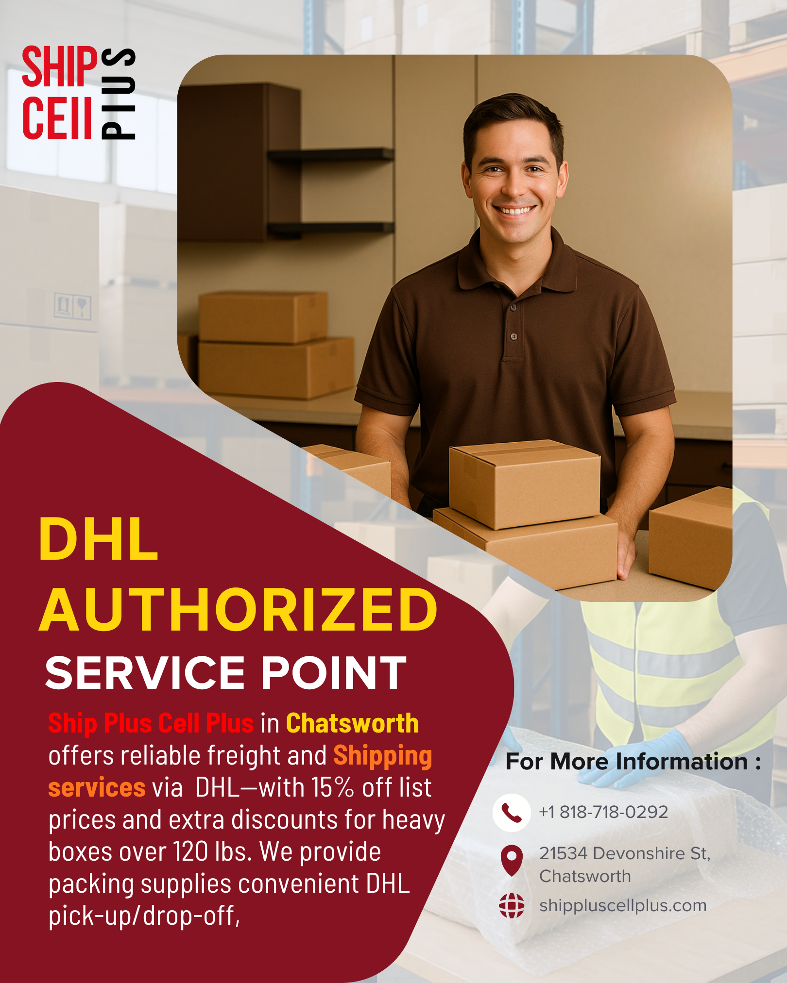 Customer shipping package at Ship Plus Cell Plus DHL service location in Chatsworth, CA