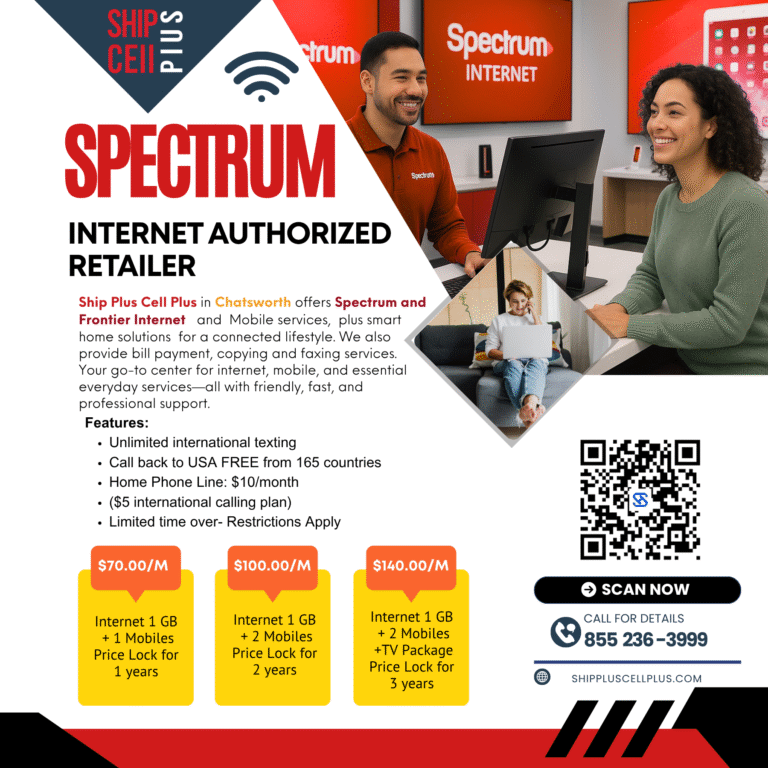 Front view of Ship Plus Cell Plus store in Chatsworth offering Spectrum Internet and Mobile services