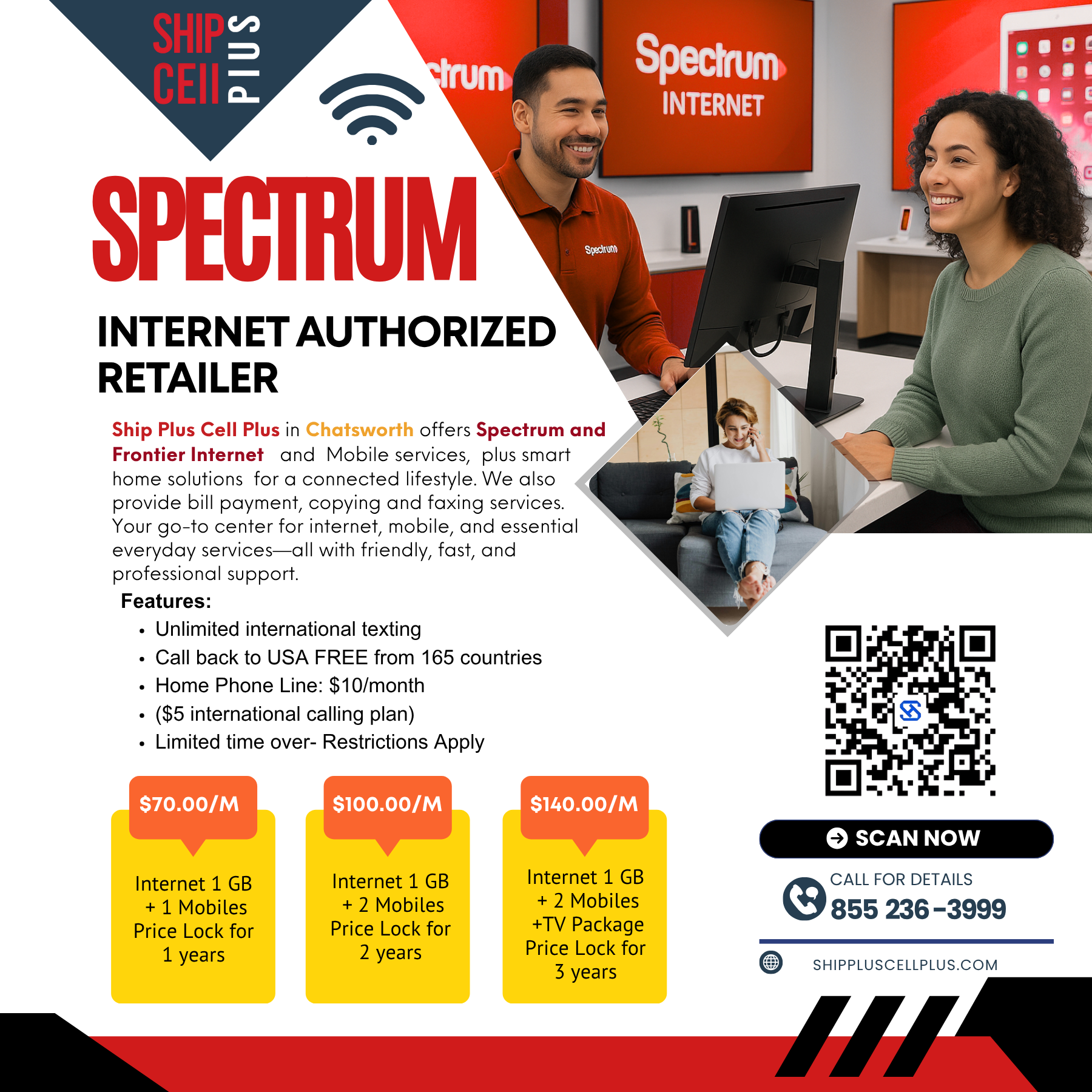 Front view of Ship Plus Cell Plus store in Chatsworth offering Spectrum Internet and Mobile services