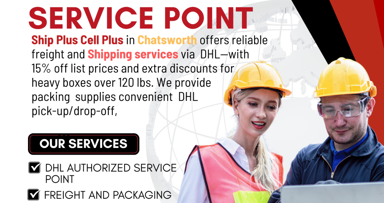 Customer shipping a package at Ship Plus Cell Plus DHL counter in Chatsworth