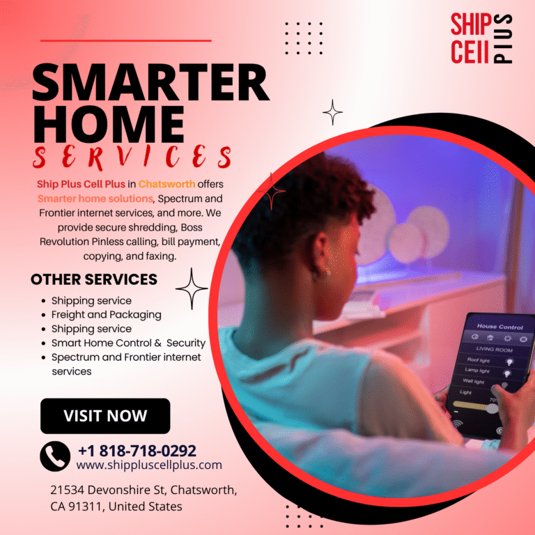 Ship Plus Cell Plus store in Chatsworth offering smart home services, internet, and bill payment options.