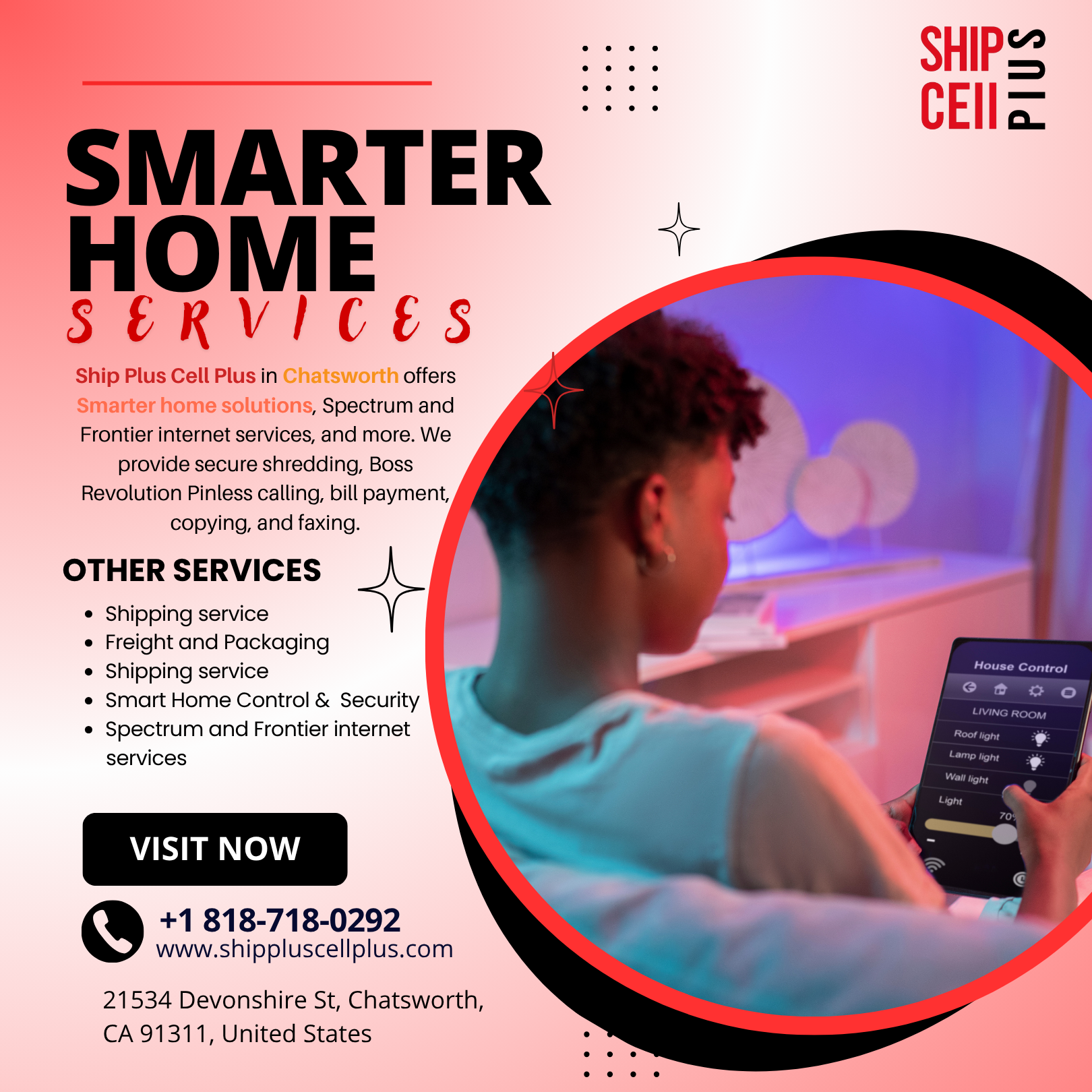 Ship Plus Cell Plus store in Chatsworth offering smart home services, internet, and bill payment options.