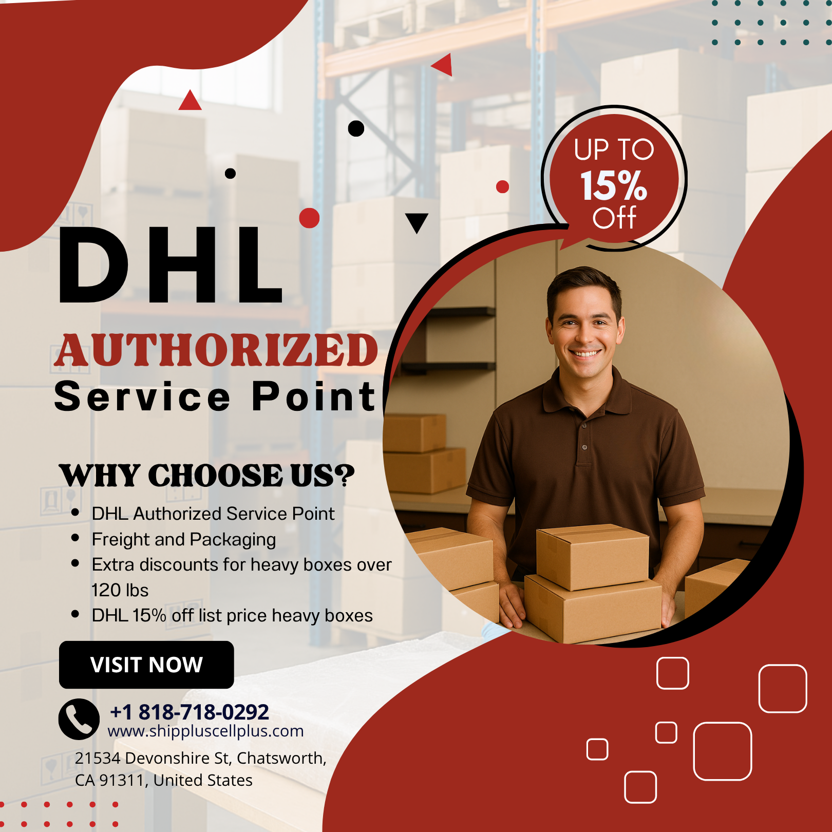 Customer shipping package at Ship Plus Cell Plus, DHL Authorized Service Point in Chatsworth, California