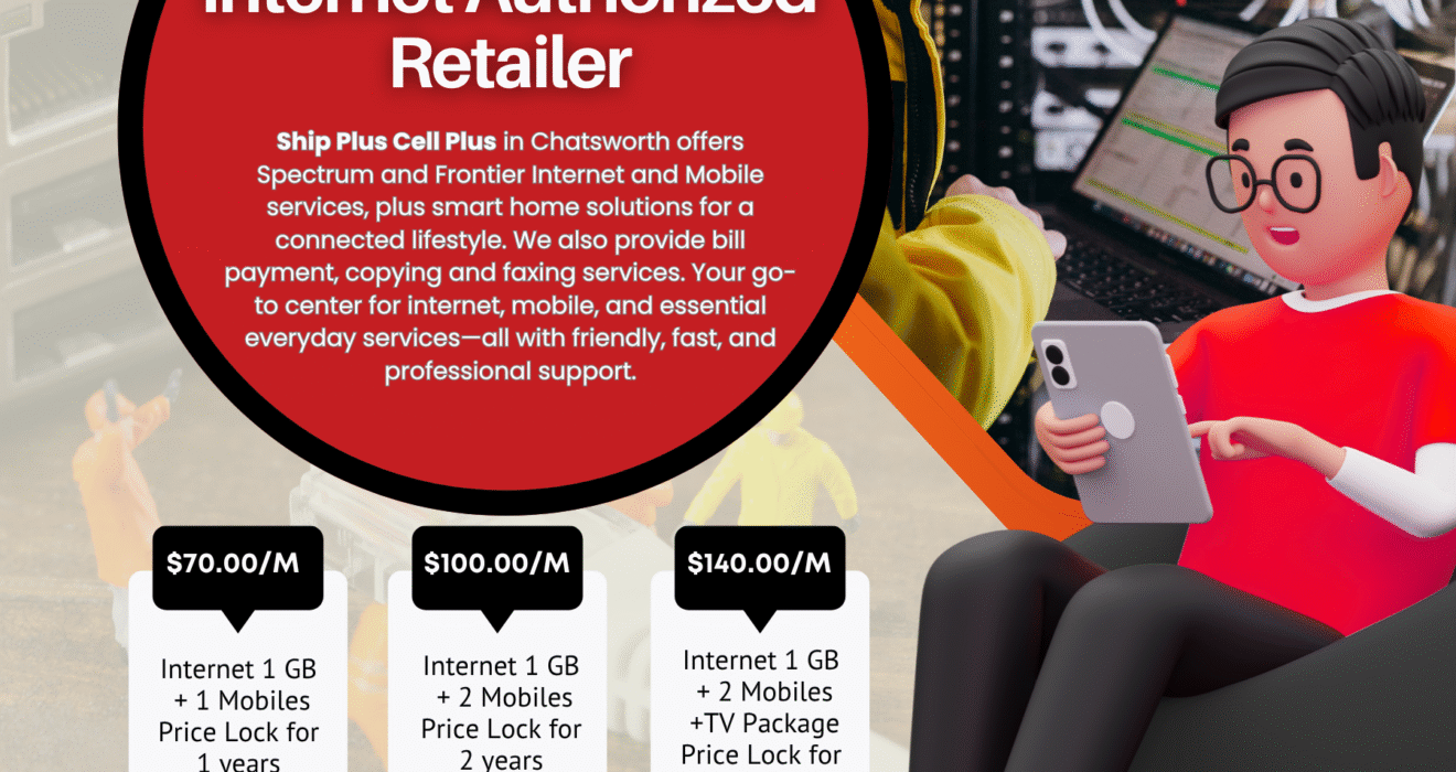 Customer reviewing Spectrum and Frontier internet plans at Ship Plus Cell Plus in Chatsworth