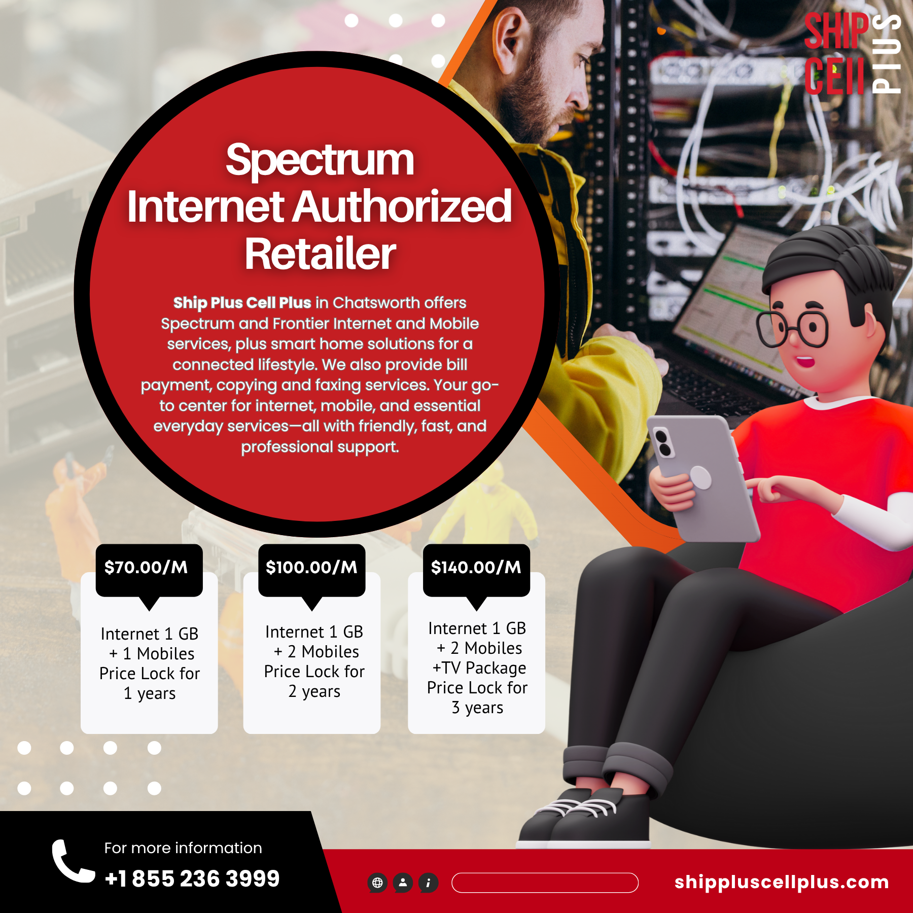 Customer reviewing Spectrum and Frontier internet plans at Ship Plus Cell Plus in Chatsworth