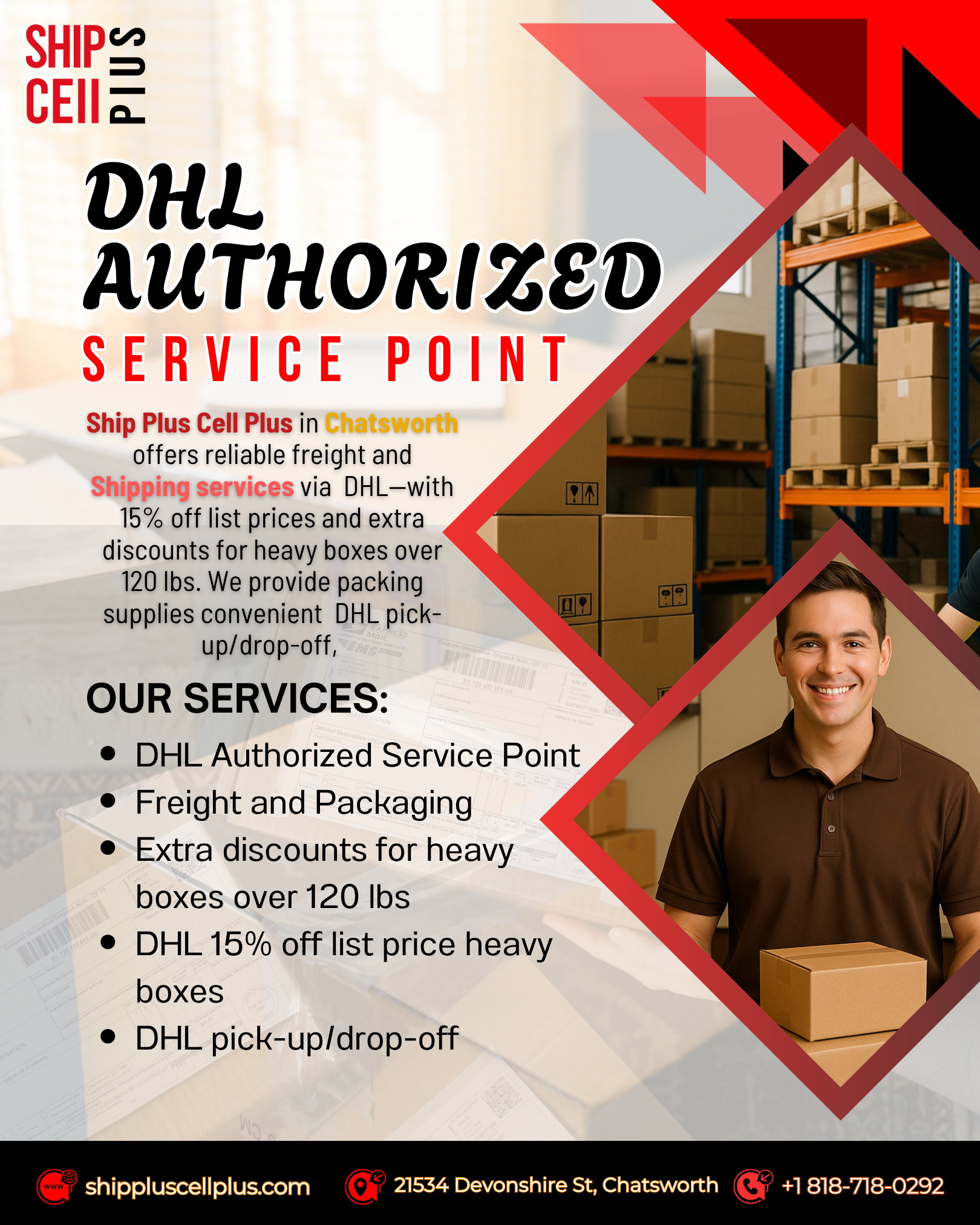 Customer dropping off a DHL package at Ship Plus Cell Plus in Chatsworth