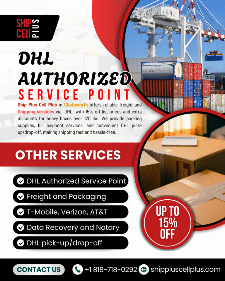 Customer preparing a DHL package at Ship Plus Cell Plus in Chatsworth for international shipping