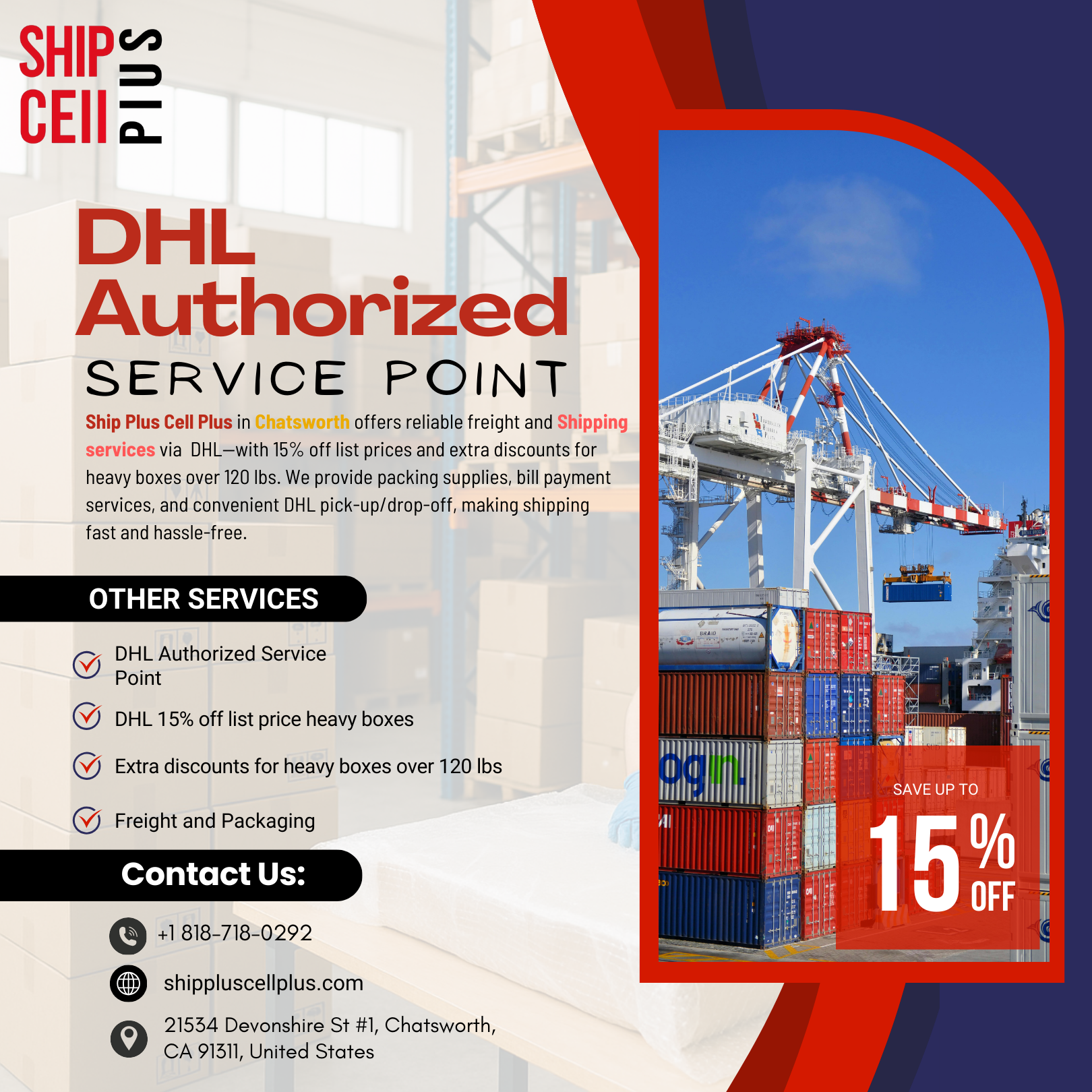 Customer dropping off DHL package at Ship Plus Cell Plus in Chatsworth for fast international shipping.