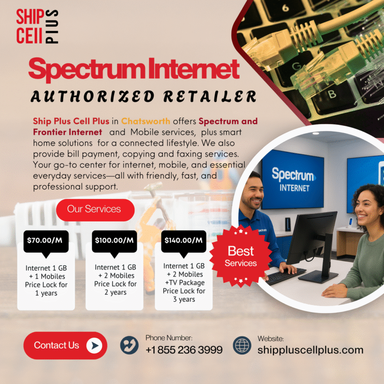 Customer reviewing Spectrum and Frontier internet plans at Ship Plus Cell Plus in Chatsworth.