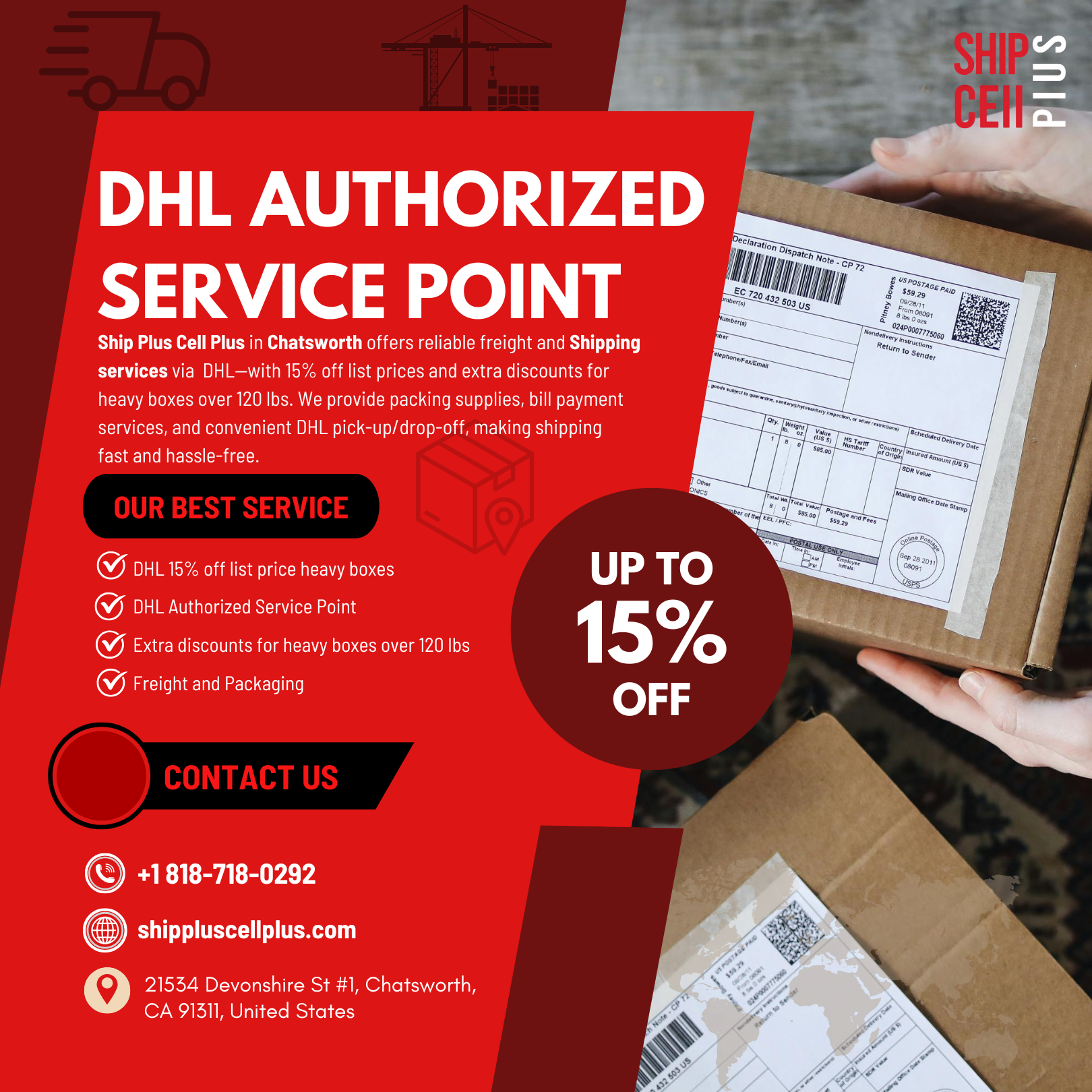 Customer using DHL shipping services at Ship Plus Cell Plus in Chatsworth