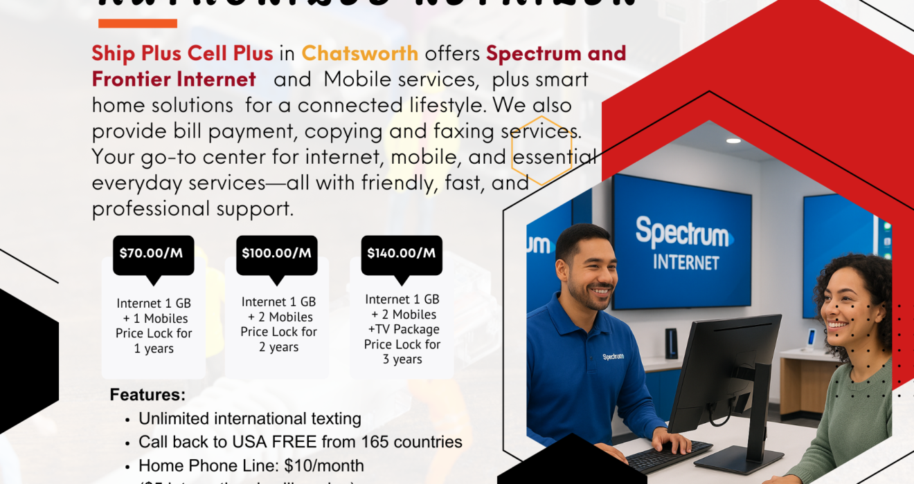Customer signing up for Spectrum and Frontier internet services at Ship Plus Cell Plus Chatsworth.