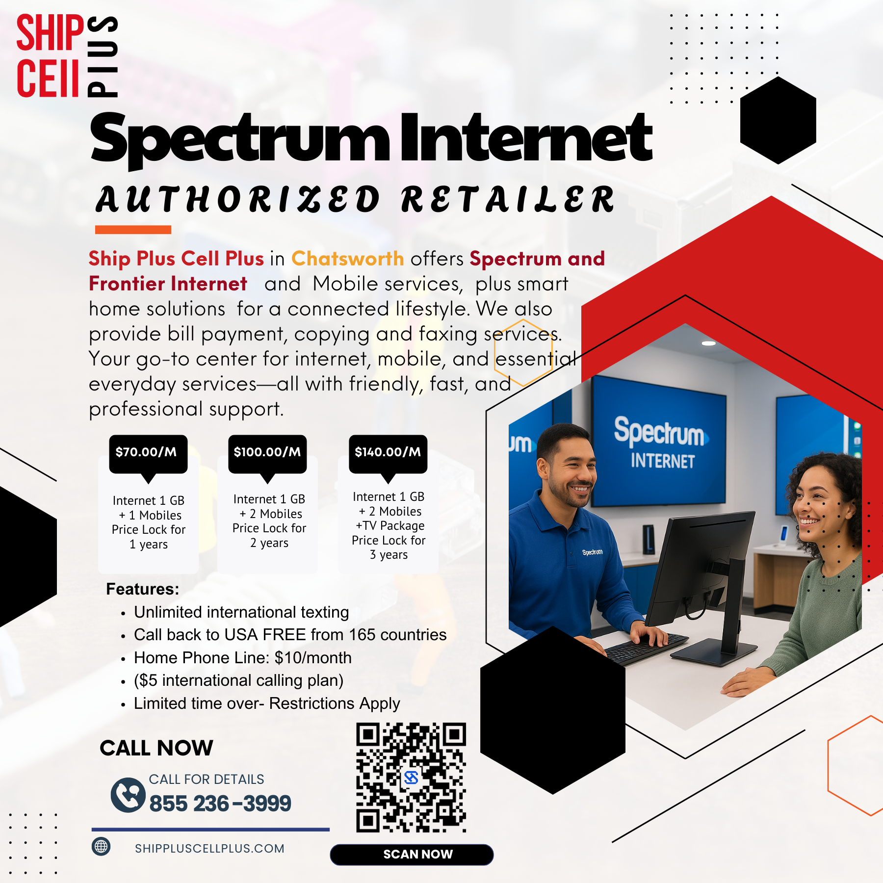 Customer signing up for Spectrum and Frontier internet services at Ship Plus Cell Plus Chatsworth.