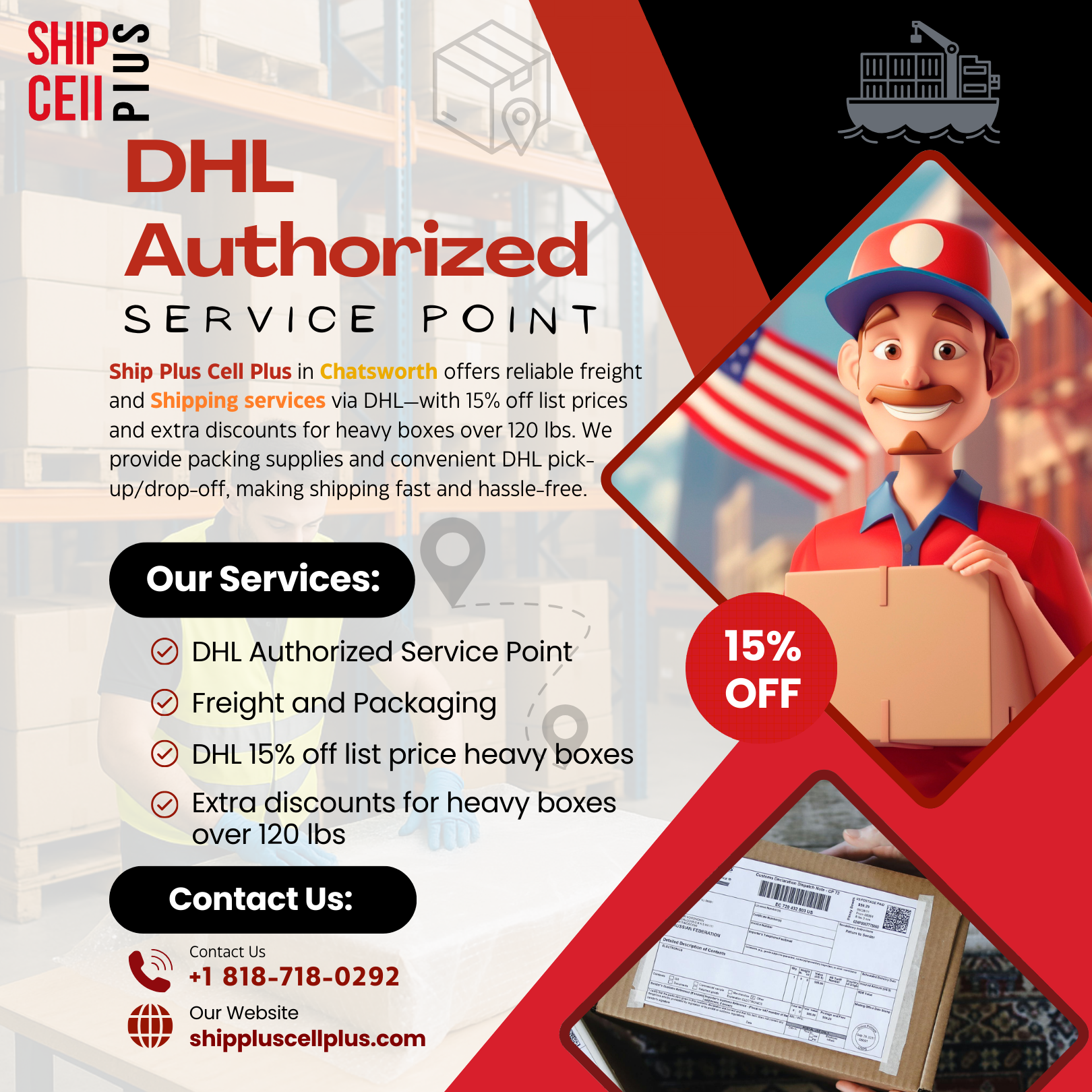 DHL shipping pick-up and drop-off services at Ship Plus Cell Plus in Chatsworth CA