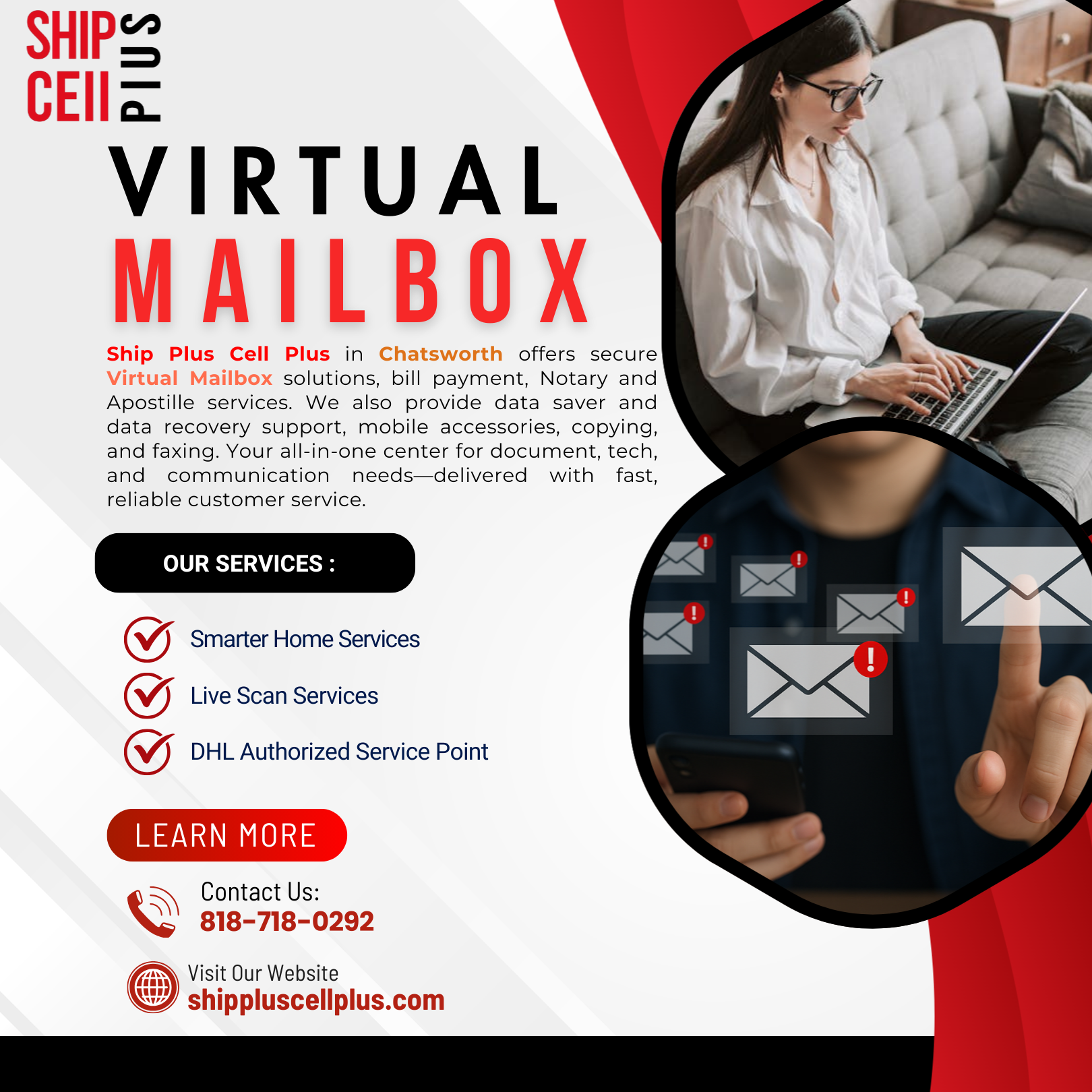 Virtual mailbox and business services at Ship Plus Cell Plus in Chatsworth CA