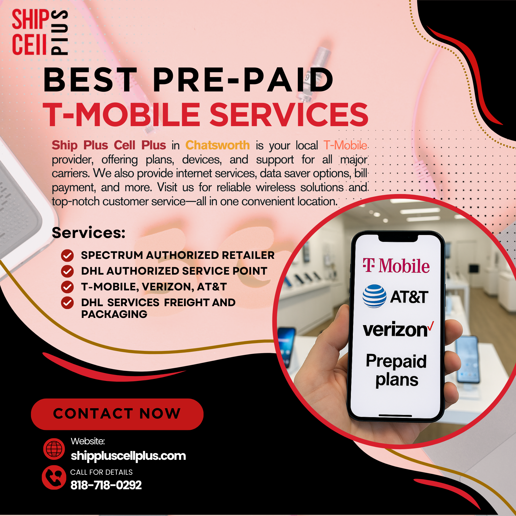 Ship Plus Cell Plus offering T-Mobile and prepaid wireless services in Chatsworth California