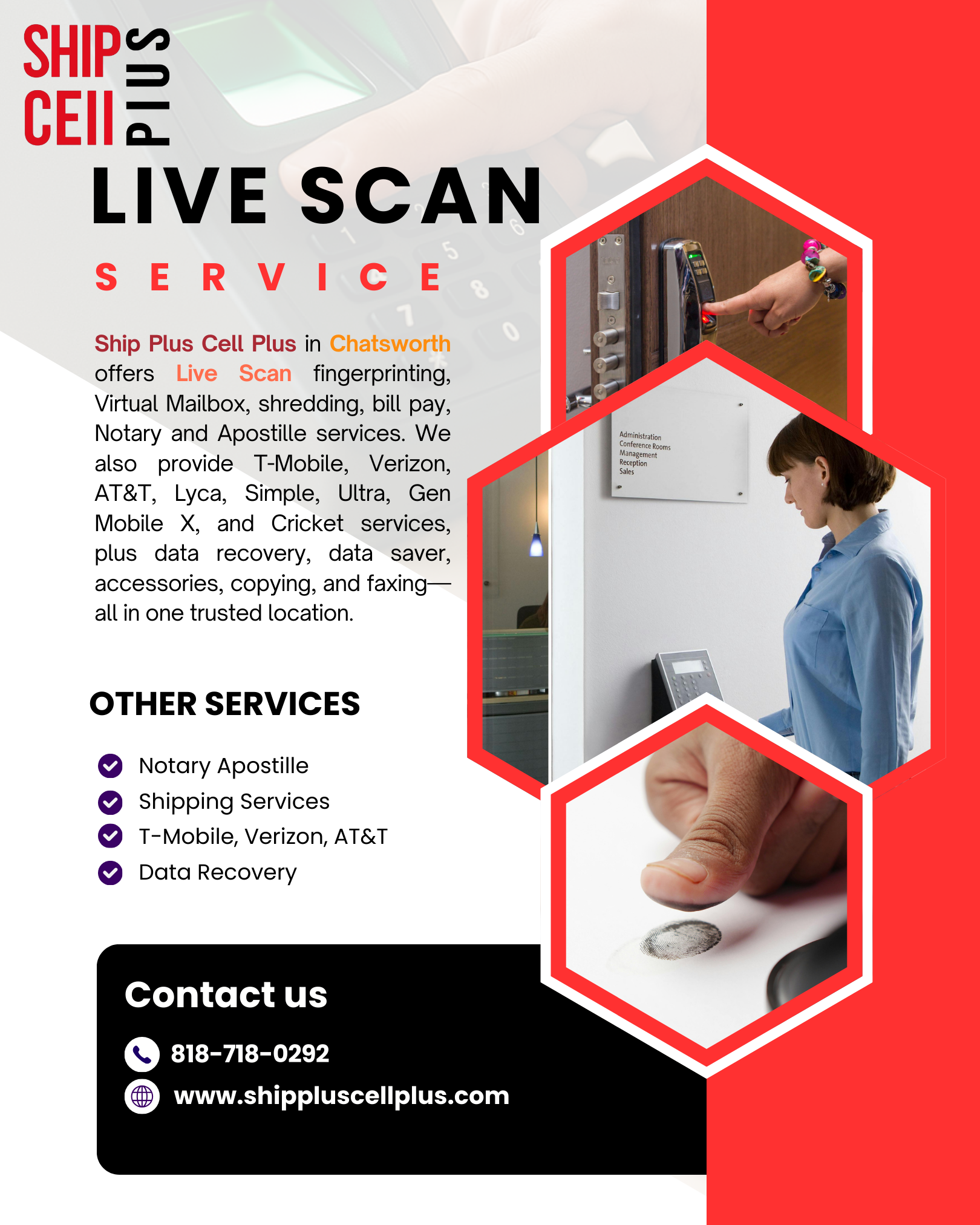 Ship Plus Cell Plus in Chatsworth CA offering Live Scan fingerprinting, Notary, Apostille, and mobile services